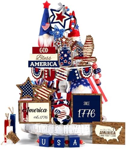 Bucherry 19 Pcs 4th of July Tiered Tray Decorations Set Wood Patr...