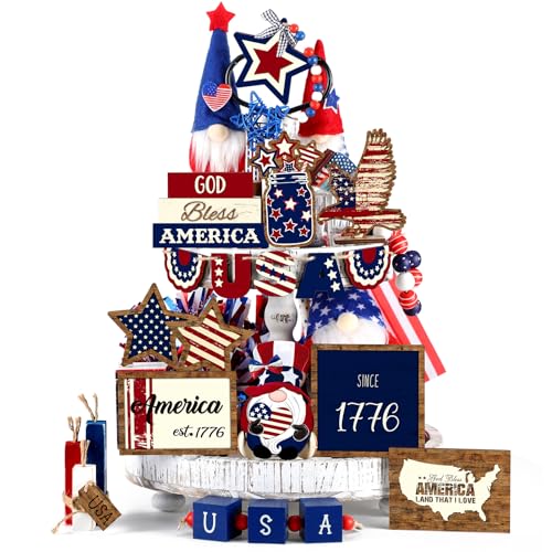 Bucherry 19 Pcs 4th of July Tiered Tray Decorations Set Wood Patriotic Decoration American Flag Star Gnome Red White Blue Farmhouse Decor for Memorial Day 250th Anniversary Home Indoor Birthday Party