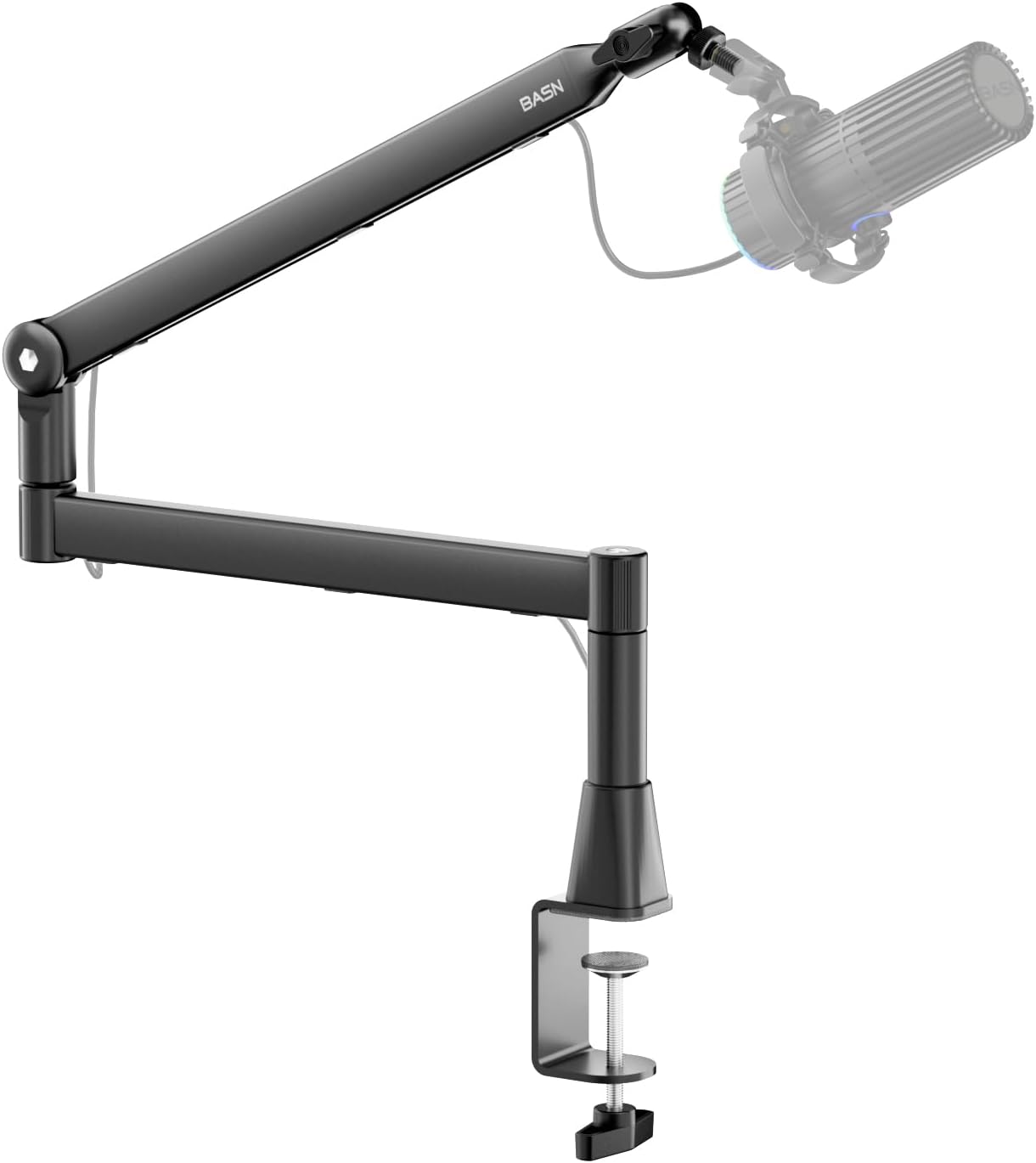 BASN Low Profile Microphone Boom Arm Stand with Desk Clamp - Rotatable & Storable Design, Cable Management Channel, 3/8" to 5/8" Thread Adapter for Podcast, Gaming, Streaming, Vocal Recording