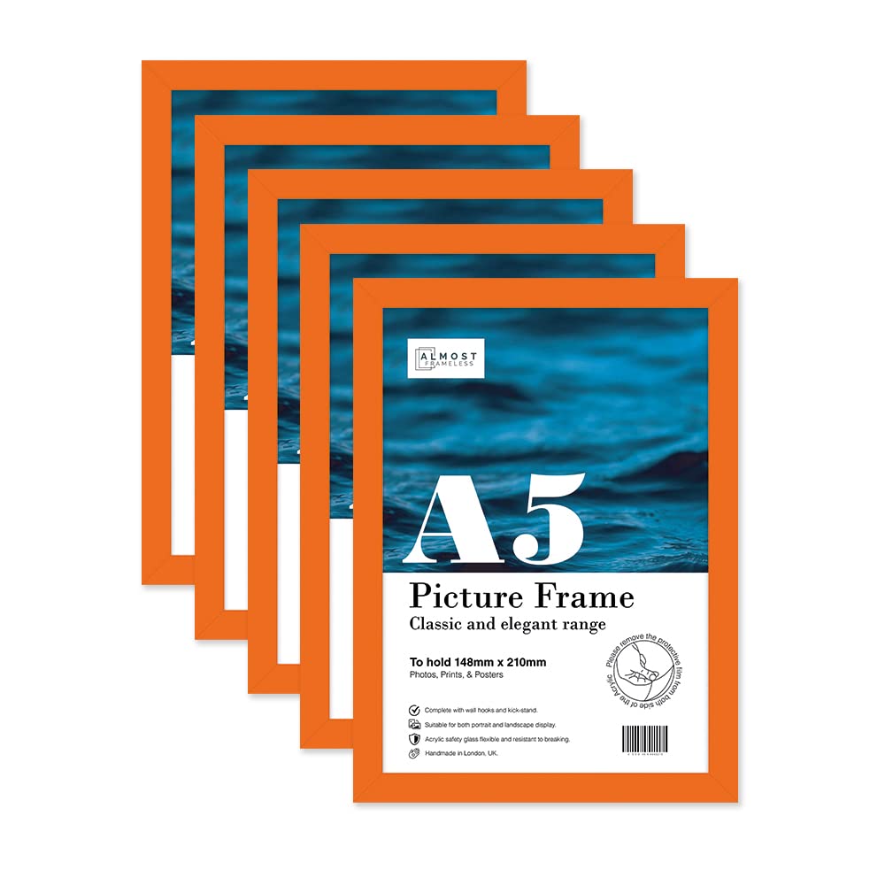 Almost Frameless A5 Orange Picture Frame Set of 5, Display A5 Picture Gallery Wall, Poster, Photo, Artwork, or Print, Orange