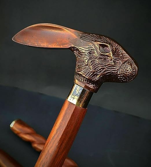Bastón para caminar con cabeza de conejo, mango de latón macizo, bastón de madera vintage para senderismo, bastón de tres piezas