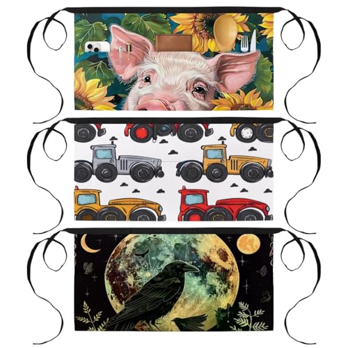 Tablier court multicolore à 3 poches avec imprimé tracteur original pour cuisine
