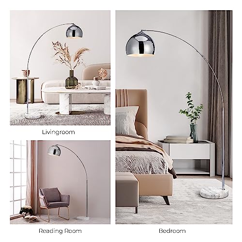 Image of Teamson Home Arquer 68.1 inch Arc Floor Lamp for Living Rooms, Home Offices, Dining Rooms, Bedrooms with Faux White Marble Base and Chrome Bell Shade