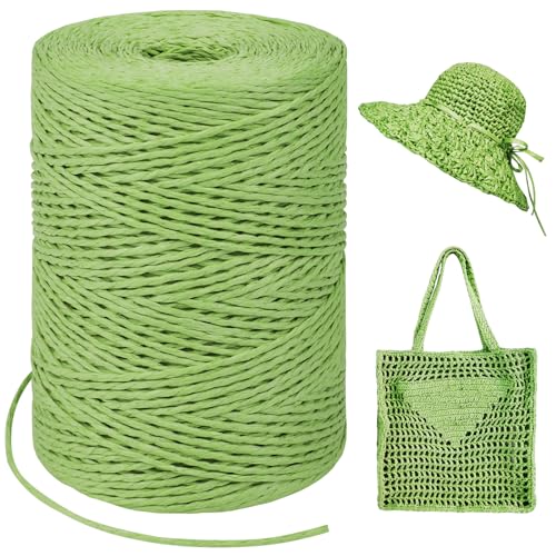Image of Grass Green Raffia Yarn for Crochet Bags, 1.5mm x 328 Yards Round String Raffia Ribbon for Gift Wrapping, Raffia Paper Ribbon Yarn for Crocheting Sun Hat, Bag, DIY Crafts, Holiday Decoration