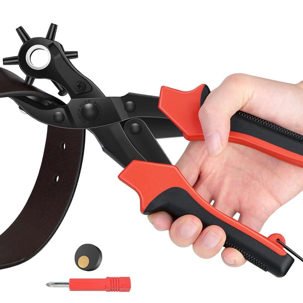 HOOTO Revolving Punch Plier Kit, Leather Hole Punch Tool Set, Heavy Duty Multi-Size Hole Puncher Tool for Belts, Watch Bands, Straps, Dog Collars, Saddles, Shoes, Fabric, DIY Home or Craft Projects