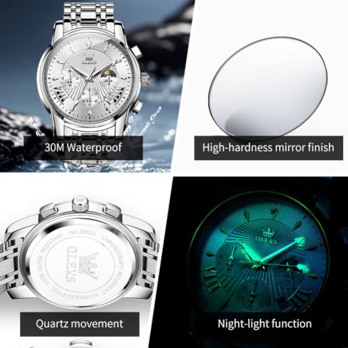 Image of OLEVS Watch for Men Classic Business Dress Analog Quartz Stainless Steel Waterproof Luminous Date Diamond Men Silver Watch
