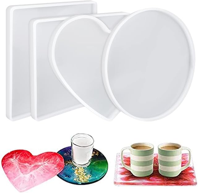 Oversized Coaster Resin Moulds 4 Styles Silicone Casting Molds Cup Plate Bowl Mats Tray Reusable Square Rectangle Round Heart Jewelry Making Display Holder for Home Decor DIY Valentine's Day Gift