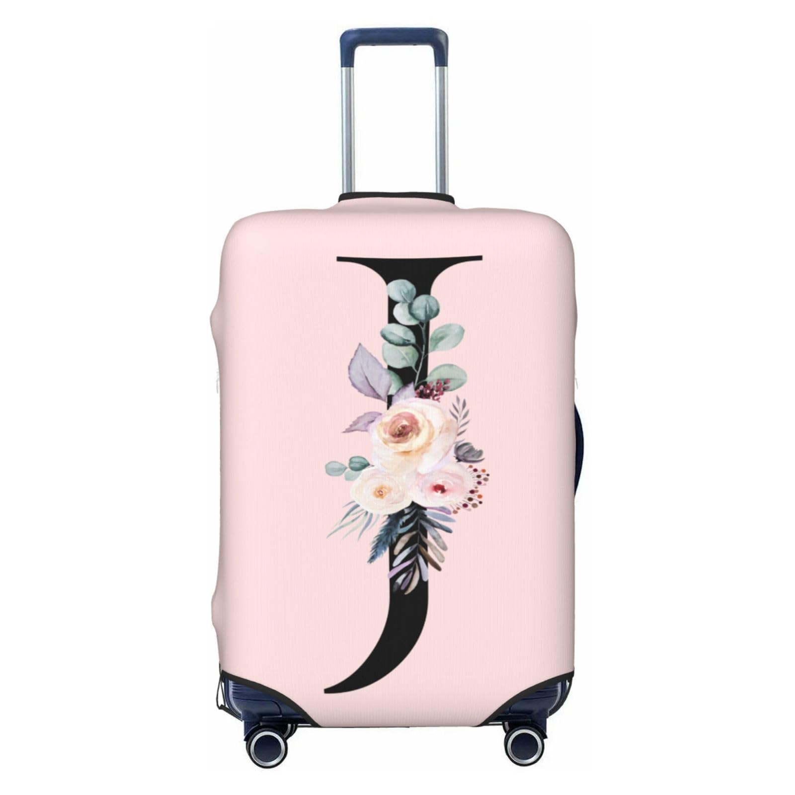 Elastic Travel Luggage Cover Cute Pink Suitcase Protector Bag,Black Letter J With Boho Floral Flowers Leaves Anti-Scratch,Dust-Proof Washable Suitcase