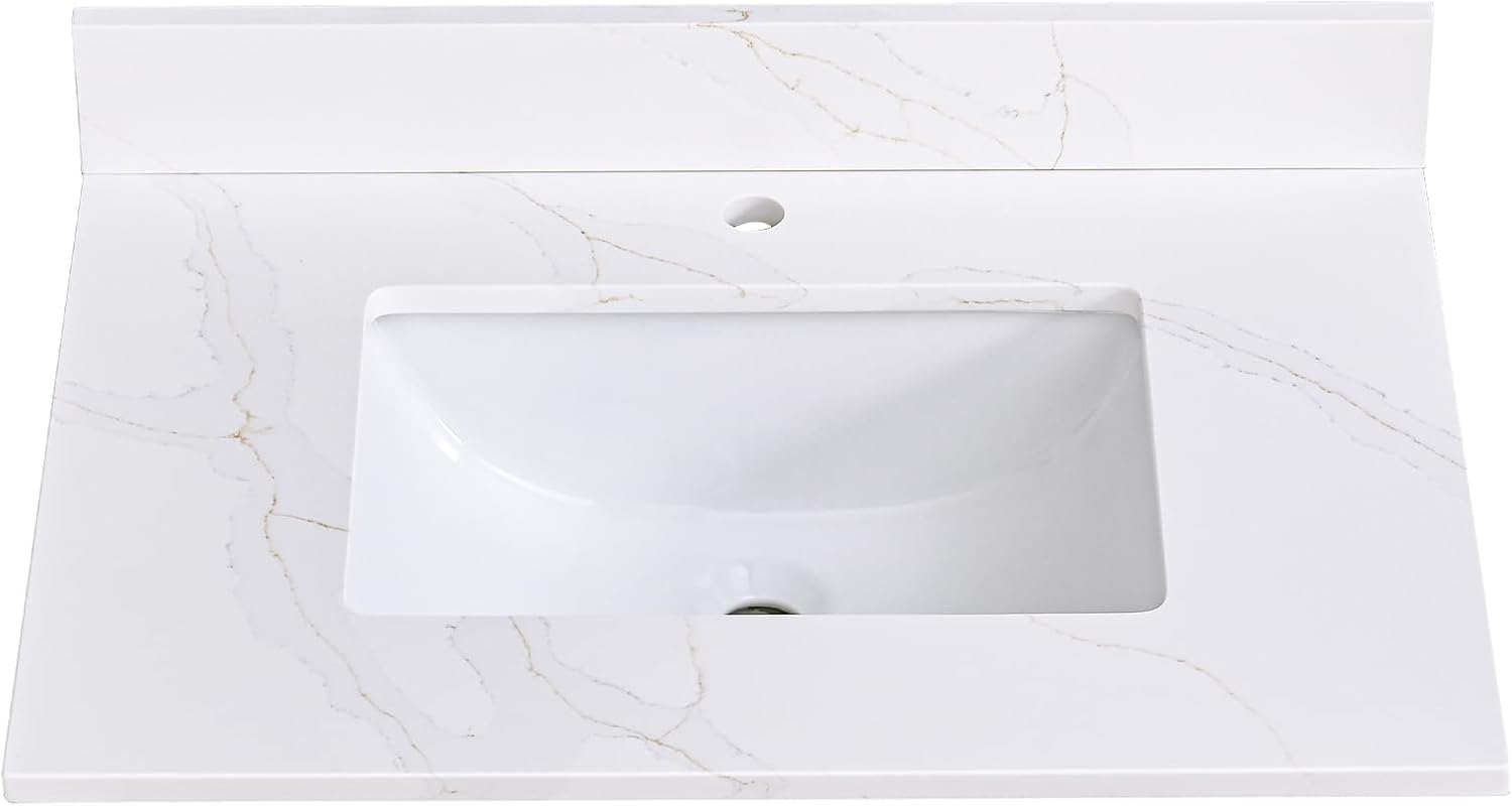 30" x 22" Vanity Top, Quartz Vanity Sink Top, with Undermounted Rectangular Sink & 4" Height Backsplash Countertop, Pre-Drilled Single Faucet Holes for Vanity Top with Sink, Calacatta Oro