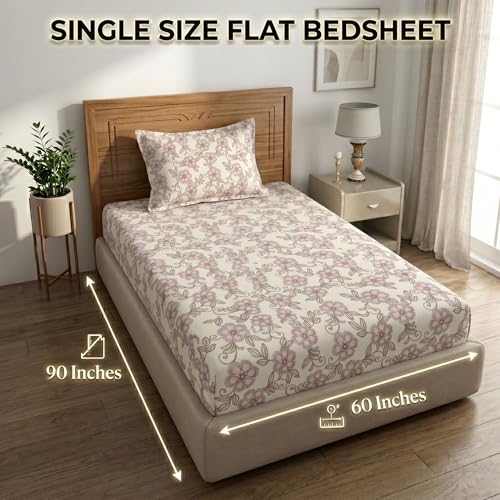 Image of Mafatlal 186 TC Grace Cotton Bedsheet for Single Bed | 90 x 60 Inch | Soft, Breathable & Durable Pure Cotton Fabric | Includes Pillow Cover | Blush Rose