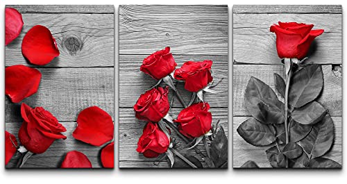 Wall26 3 Panel Canvas Wall Art - Black And White Roses With Touch Of Red Color - Giclee Print Gallery Wrap Modern Home Art Ready To Hang - 16"X24" X 3 Panels #TOP18