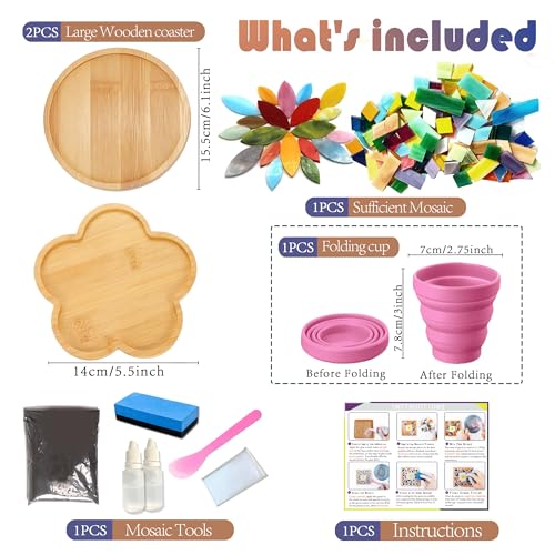 Nuyoach Diy Mosaic Craft Kit For Adults,Stained Glass Kits Mosaics Tiles For Crafts With Large Wooden Coaster Making Materials Package,Mosaic Ceramic Bulk Supplies For Women Kids Beginners Decor Gifts