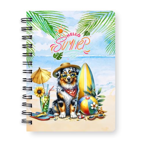 Ninety3POD Miniature American Shepherd Hello Summer with Sunglasses and Surfboard Tropical Vibes Spiral Bound Journal MAS Dog Lover Gifts 5x7in Spiral Notebook 00007