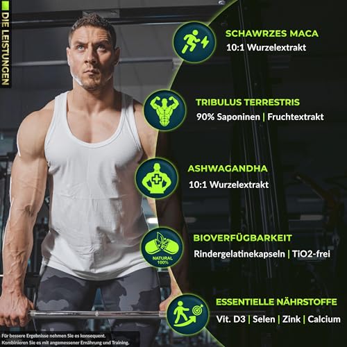 Tribulus Terrestris Fruchtextrakt mit 90% Saponinen, Ashwagandha 10:1, Schwarze Maca 20:1, Zink, Selen, Calcium & Vitamin D – 160 Kapseln – Nahrungsergänzungsmittel von Synergie Nutrition
