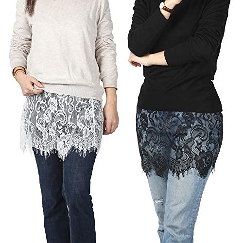 2 Pieces Small Size Shirt Extenders Women's Adjustable Layering Fake Top Hemline Fake Lace Layering Lower Sweep Mini Skirt For Women Girls (Black, White) #TOP1