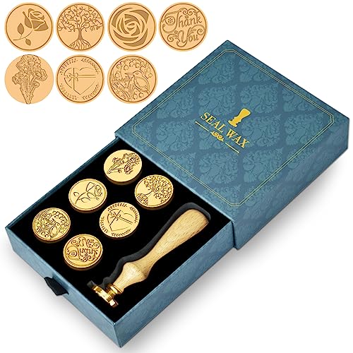 Wax Seal Stamp Set- 7Pcs Vintage Wax Seal Stamp Kits Plant Copper Head Stamp & Wooden Handle,Letter Sealing Wax Stamps with Gift Black Box for Wedding Invitation Envelopes (Golden)