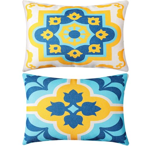Juexica 2 Pack Chaise Lounge Headrest Pillow, Outdoor Beach Chair Pillow with Strap 16 x 11 Inches Waterproof Recliner Resting Pillows for Beach Office Chair(Boho Blue Flower)