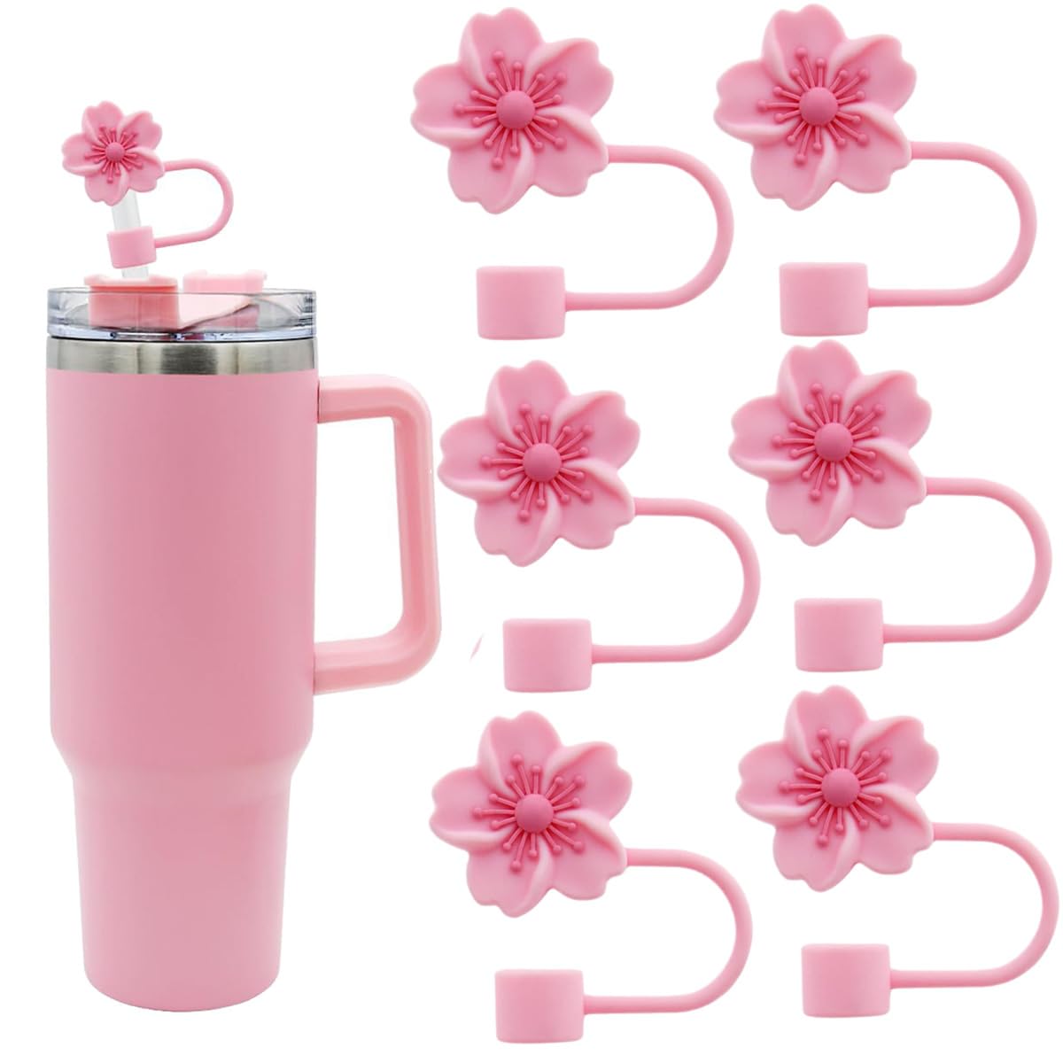MENGSOOD Straw Cover Cap for Stanley Cup,Reusable Silicone Straw Topper Compatible with Stanley 30&40 Oz Tumbler with Handle Drinking Straw Tip Covers for Stanley (6pcs Sakura)