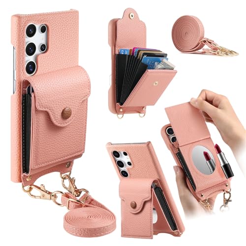 Coque Samsung S24 Ultra etui portefeuille rose housse cordon bandoulière