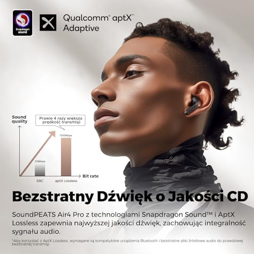 SoundPEATS Air4 Pro Bezprzewodowe słuchawki douszne Bluetooth 5.3 AptX Lossless, Adaptacyjna hybrydowa aktywna redukcja szumów, z 6 mikrofonami Aptx Voice do połączeń, 26 godzin, wiele połączeń
