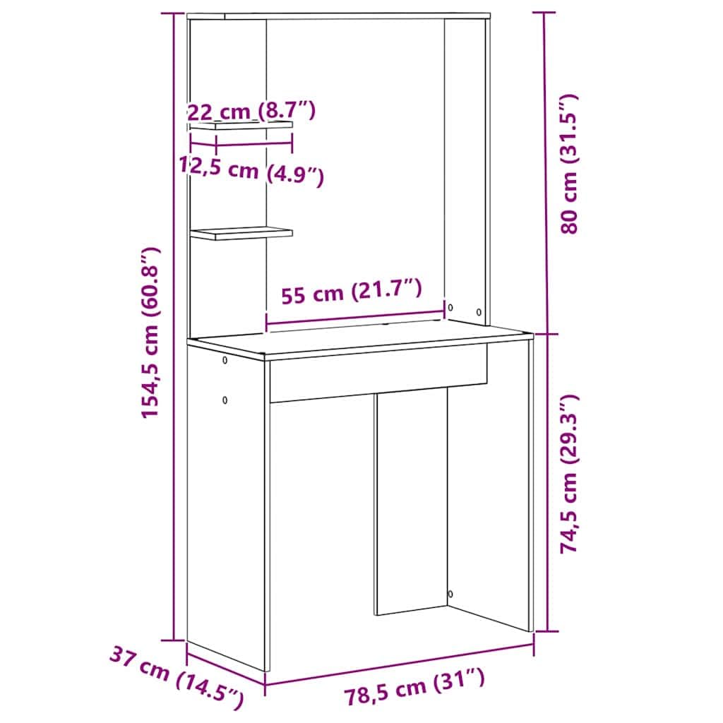 Scrivania con scaffale, in rovere affumicato, 78,5 x 37 x 154,5 cm, moderna scrivania per computer per casa, ufficio, studio, con spazio di archiviazione e piano di lavoro funzionale