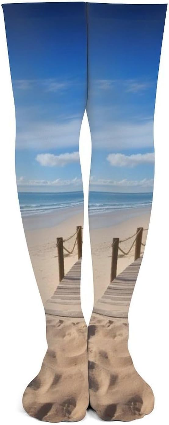 Beach Scenery Knee High Stockings for Women 23.6" Breathable Thigh High Stockings Over The Knee Socks