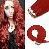 20PCS Haarteile Echthaar Tape Extensions Echthaar Klebeband Haarteil Weich Natürlich Glatt Tape in Extensions Echthaar 7A Remy Human Hair 55cm-50g # Rot