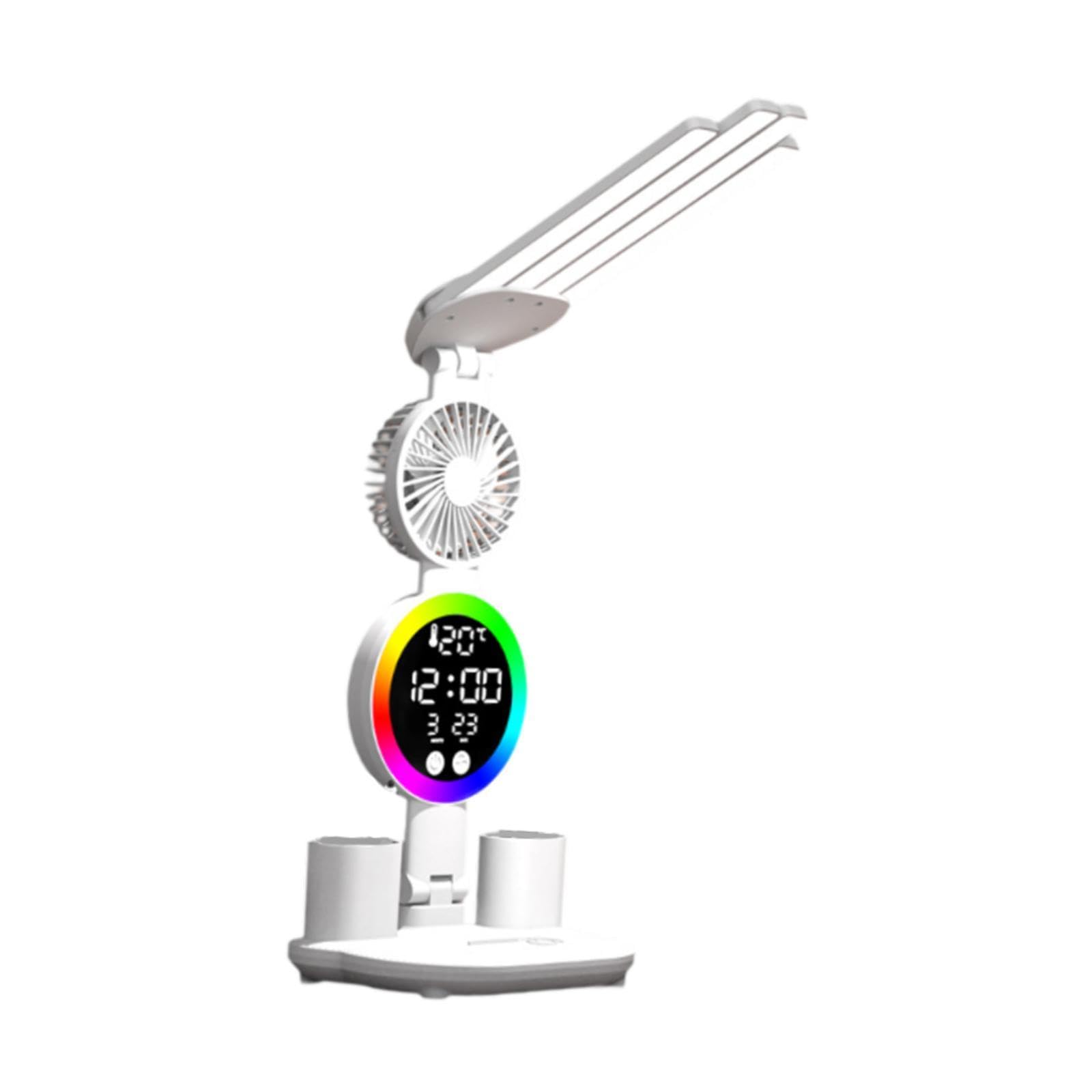 Fenteer Schreibtischlampe, Leselampe mit Stifthalter, mit Uhr, Datum, Temperatur, Standlicht, Dekor, tragbares Augenschutz-Nachttischlicht, mit Lüfter