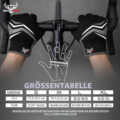 BEAST RAGE Vollfinger-Radhandschuhe mit Polsterung für Männer und Frauen, rutschfest, stoßdämpfend, atmungsaktiv, Touchscreen Mountainbike-Handschuhe für BMX, MTB-Rennen, Straßenrennen (SCHWARZ, L)