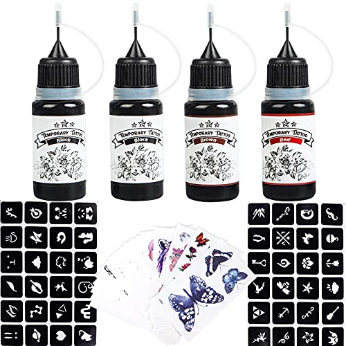 Temporary Tattoo Kit, 4 Bottles Temporary Tattoo Ink with Tattoos Stencils, Semi Permanent Tattoo, 20 Sheets Long Lasting Temporary Tattoos for Men Women, Fake Tattoo