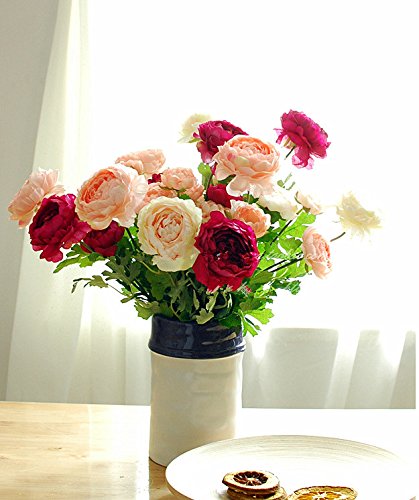 6 Rami Di Ranuncoli Artificiali In Seta – Bianco E Giallo Con Steli In Ferro Pieghevole – Fiori Finti Per Decorazione Casa E Matrimoni - 2