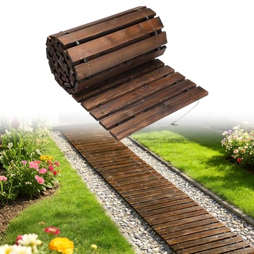 0.6in Thicken Carbonized Wooden Garden Pathway - 8ft Anti-Slip Weather Resistant & Sturdy Decorative Path Walkway for Outside Backyard Uneven Ground (Brown)