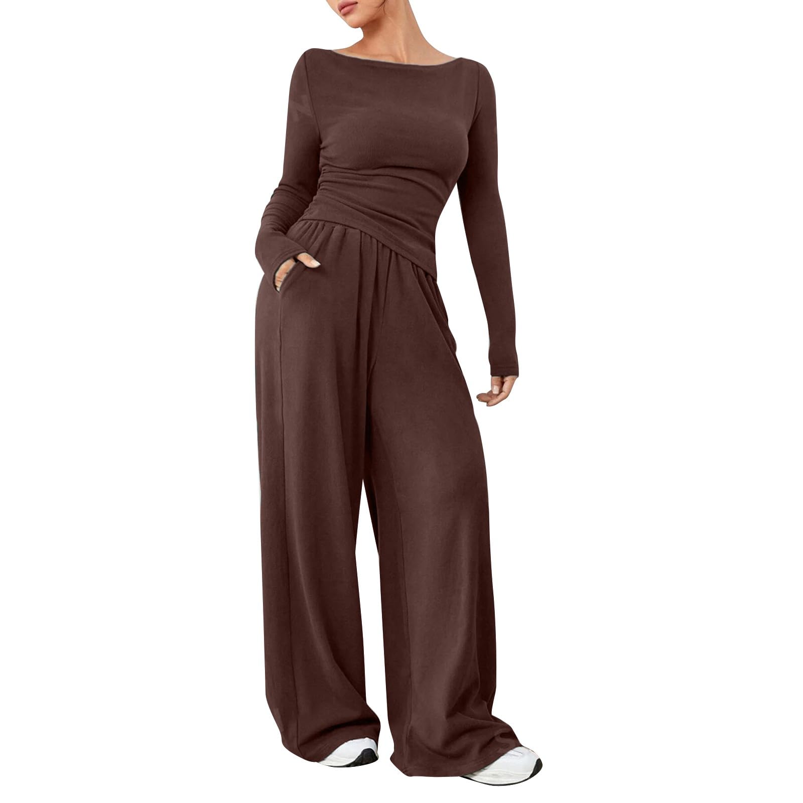 Loungewear Damen Homewear Langarm Schlafanzug Elegant Zweiteiler Rundhalsausschnitt Tops und Weites Bein Hosen Trainingsanzug Einfarbig Nachtwäsche Lässige Tracksuit Sportanzug