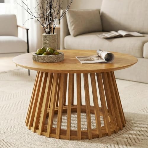 Image of HNY Modern Black Round Coffee Table for Living Room, Mid Century Wood Outdoor 31.5 inch Circle Small Center Table with Fluted Base for Patio, Home Small Space, Bedroom, Apartment, Studio, Natural