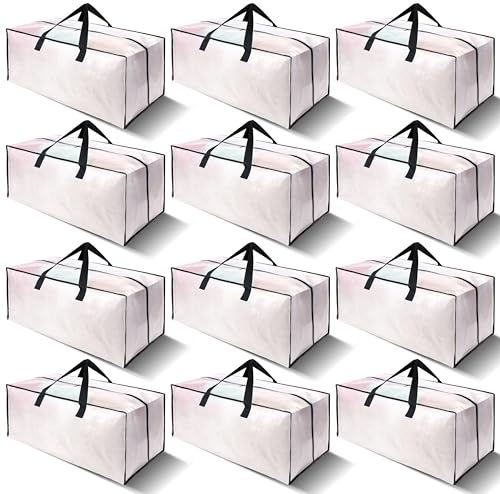 VELVETSURE 12 Pack Heavy Duty Large Moving Bags W/Backpack Straps - Strong Handles & Zippers, Storage Totes For Space Saving, Fold Flat, Alternative to Moving Box and Storage Bin, Semi-Transparent