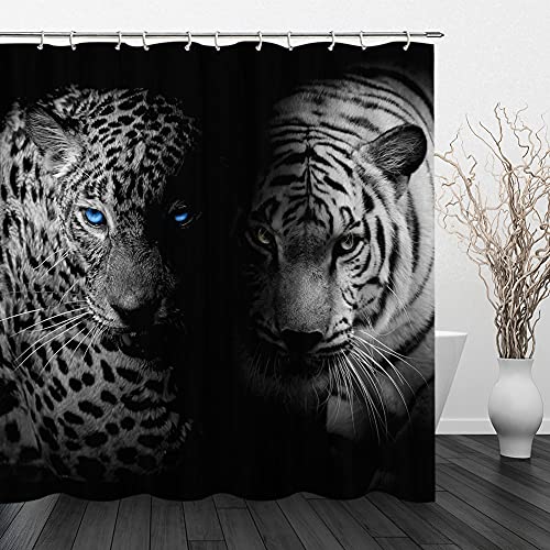 Pueenod Tiger Shower Curtain Leopard Shower Curtain Animals Shower Curtain Cheetah Leopard Print Fabric Black And White Shower Curtain For Bathroom Set Decor 70X70 Inches With Hooks #TOP3