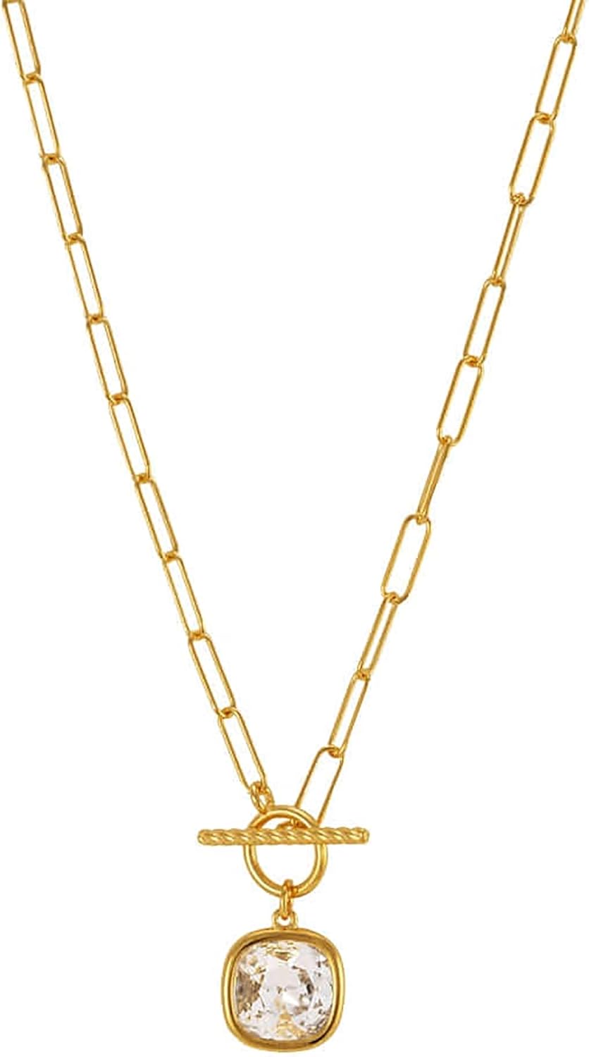 Toggle Paperclip Link Chain Necklace Cubic Zirconia Square Oval Charm CZ Pendant T Bar Toggle Closure Bold Chain Linked Necklace Solid 925 Sterling Silver + 14K Gold, 24K White Gold