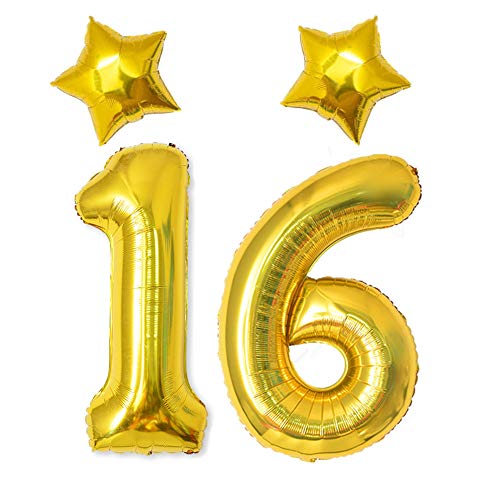 40In Giant Digital Number 16 Balloon Gold 16th Birthday Decorations for Girls Boys Including 2 Pack 18In Gold Star Balloons