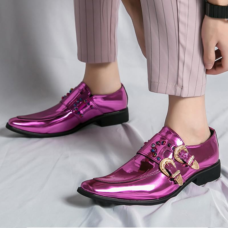 Men's Patent Leather Pointed Dual Monk Straps Loafers Rivets Slip-on Non-Slip Waterproof Arch Support Oxford Formal Business Dress Shoes2