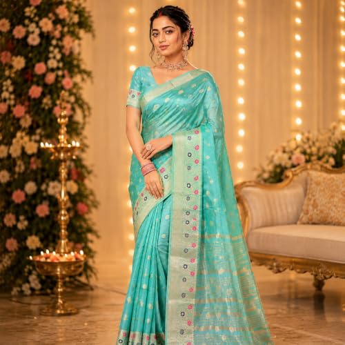 Image of Sarees for Women Wear Organza Silk Banarasi Sari Kanjivaram Pure Paithani Wedding Original Kanchipuram Pattu Sadi with Blouse Piece 2026 (KeriFlower)