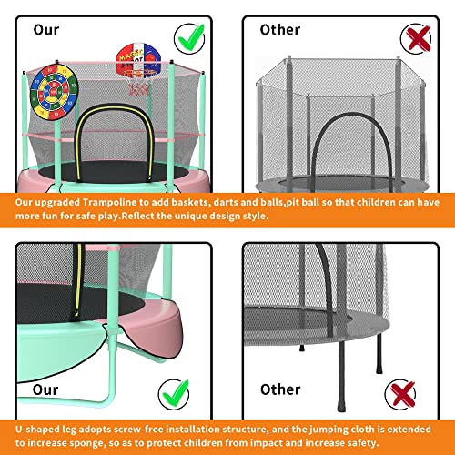 Gardenature 5Ft 60” Trampoline For Kids Mini Trampoline For Toddles Indoor & Outdoor Recreational Trampoline Jumping Mat With Basketball Hoop, Dart Board, Safety Enclosure Net-Pink & Green #TOP2