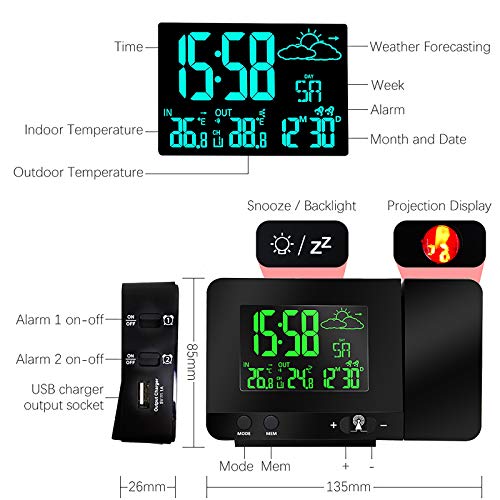 ALLOMN Digitaler Projektionswecker, Innen Außentemperatur, Wettervorhersage, Datumsanzeige für 12/24H Tageszeit, Schlummerfunktion, USB Ladeanschluss, 8 Farben der Hintergrundbeleuchtung umschaltbar