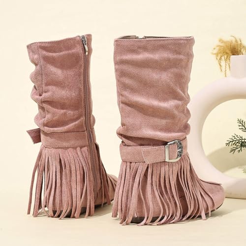 Girls Mid Calf Boots with Tassel, Fringe Cowgirl Boots, Round Toe, Non Slip Outsole, Kids Western Boots Stylish Comfortable for All-Seasons4