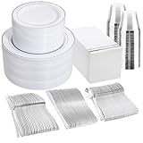 GATHER 700PCS Silver Plastic Plates - Silver Plates Set 100Guest - Disposable Dinnerware Plates 100Silver Rim Dinner Plates 100Silver Dessert Plates 100Paper Napkins&Cups&silver Plastic Silverware Set