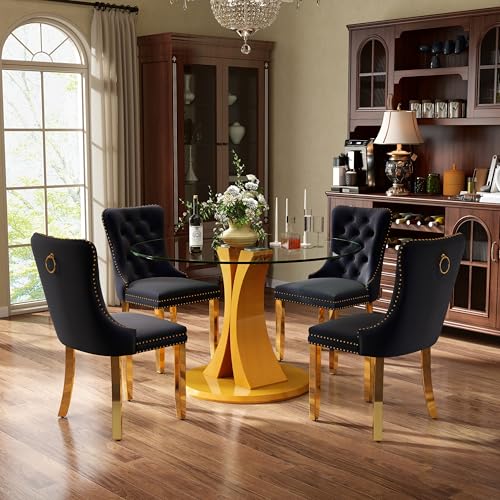 Image of 5-Piece Dining Table Set with 39In Tempered Glass Table and 4 Velvet Upholstered Chairs, Modern Scandinavian Furniture for Dining Room Kitchen(Black&Gold)