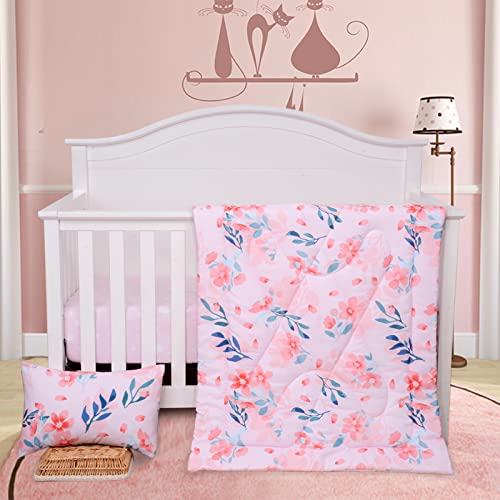 Image of JISEN 3 Piece Crib Bedding Set Crib Quilt Crib Sheet Pillowcase - Soft Microfiber Printed Nursery Set for Baby Boys or Girls Pink Flowers