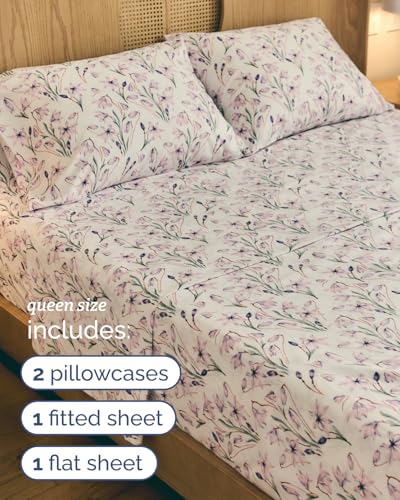 Image of Queen 4 Piece Boho Botanical Floral Sheet Set - Breathable & Cooling - Iris | 1 Flat, 1 Fitted & 2 Pillowcases w / Deep Pockets, Boho Botanical Floral Bedding, Breathable & Cooling, Wrinkle & Fade Free