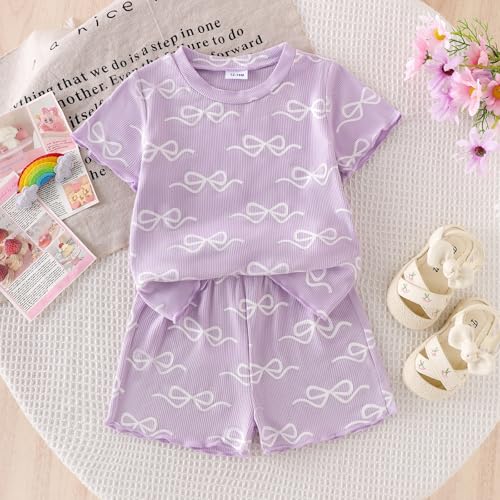 Toddler Girl Clothes Baby Summer Outfits Cute Bow Ruffled Sleeve Shirt Ribbed Knit Tops Shorts Set for Girl Clothing2