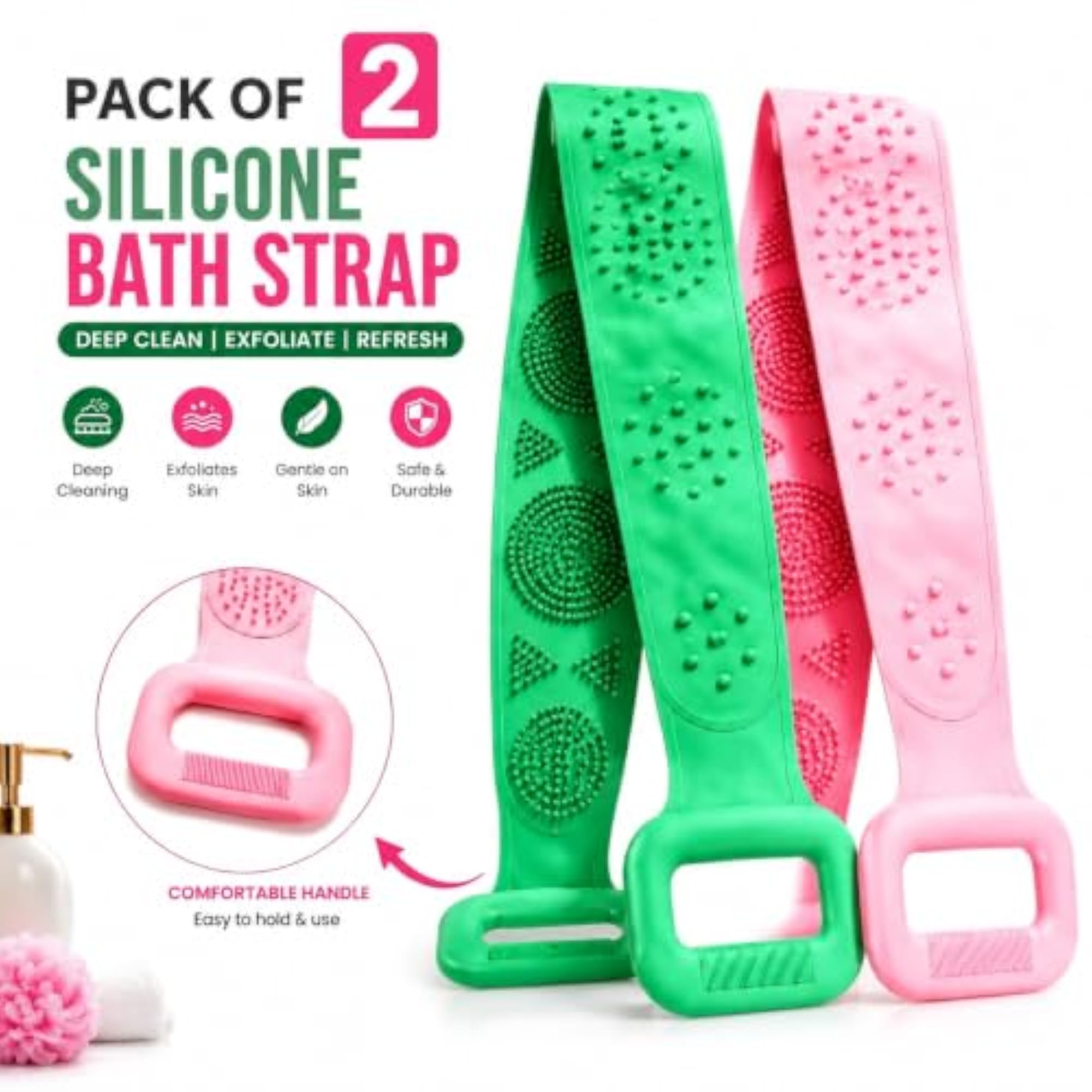 Silicone Bath Strap for Deep Cleaning and Exfoliation, Pack of 2