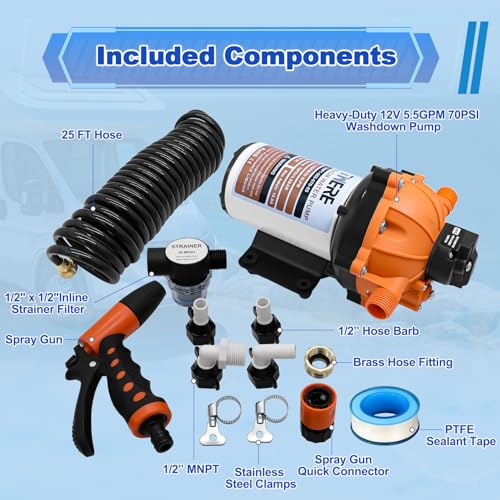Image of Upgraded 5.5 GPM 70 PSI Washdown Deck Wash Pump Kit, 12V Washdown Pump Kit,5 Chamber Self-Priming RV Fresh Water Pump for RV,Boat,Sprayer,Travel Trailers,and Yacht